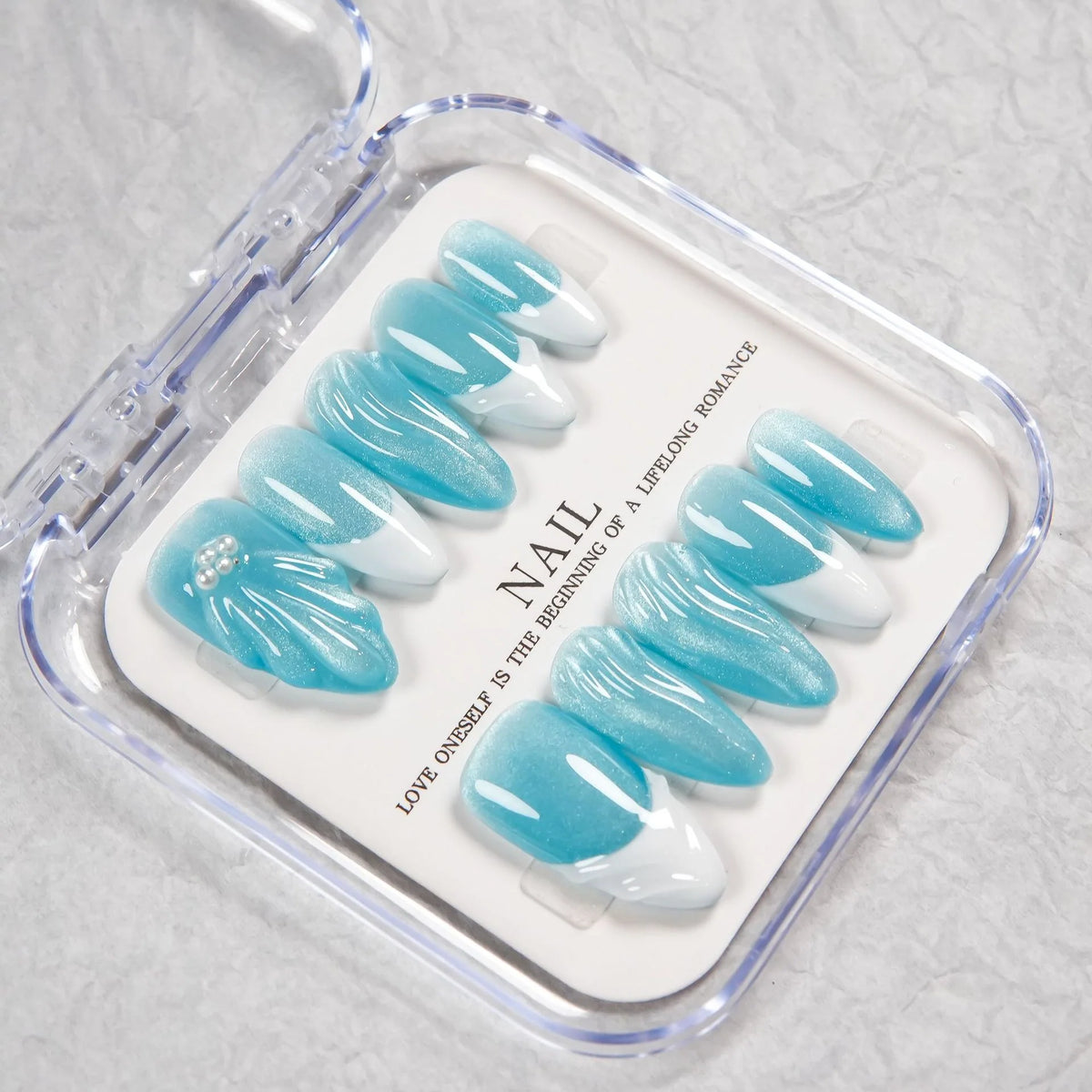 Press-On Nail Tips Peacock Blue Glitter High-Gloss Multiple Sizes