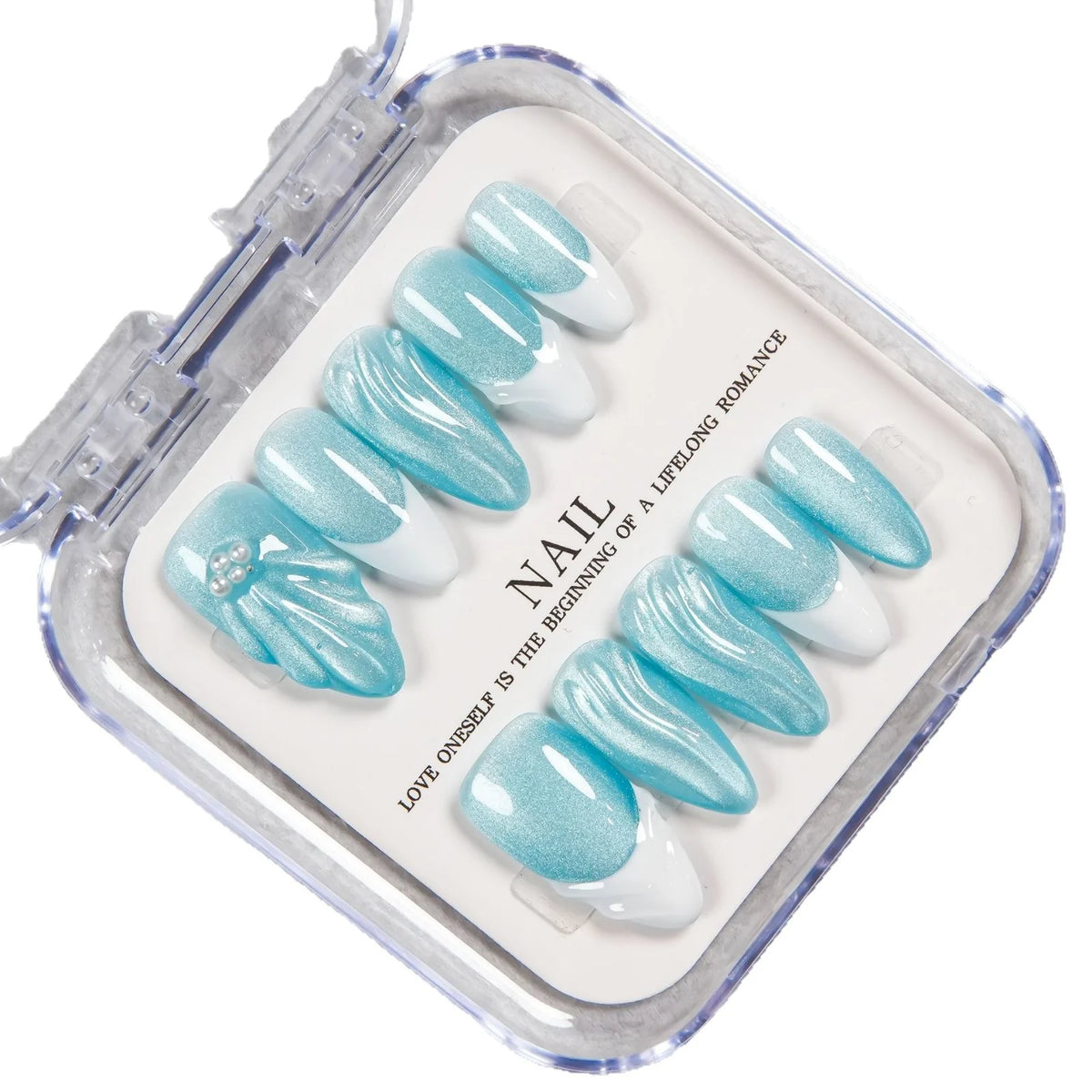 Press-On Nail Tips Peacock Blue Glitter High-Gloss Multiple Sizes