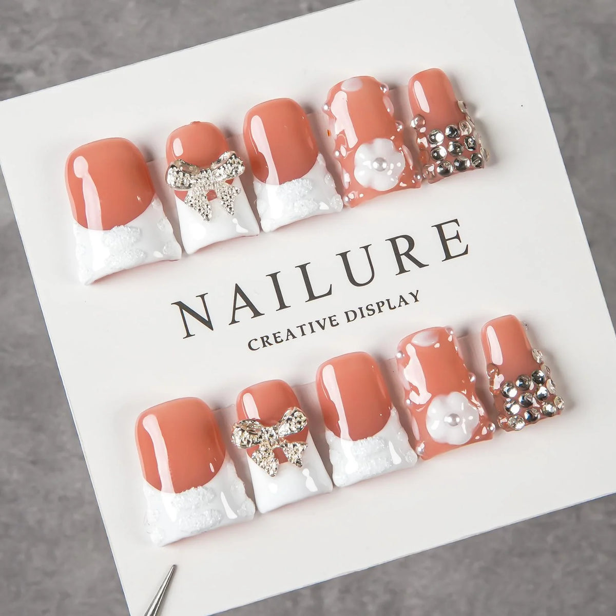 Press-On Nail Tips Peel And Stick Gemstone & Bow