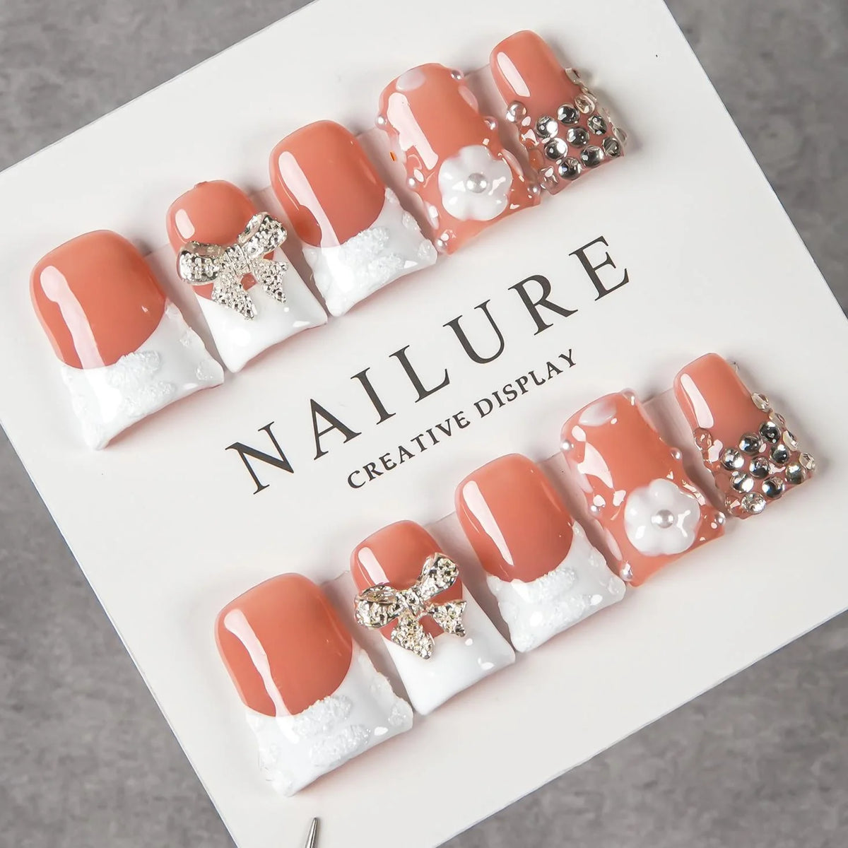 Press-On Nail Tips Peel And Stick Gemstone & Bow