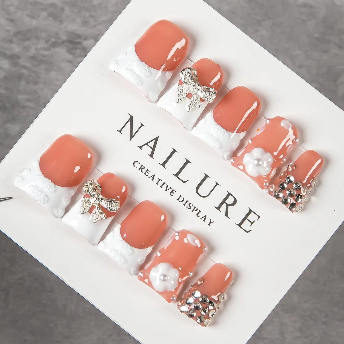 Press-On Nail Tips Peel And Stick Gemstone & Bow