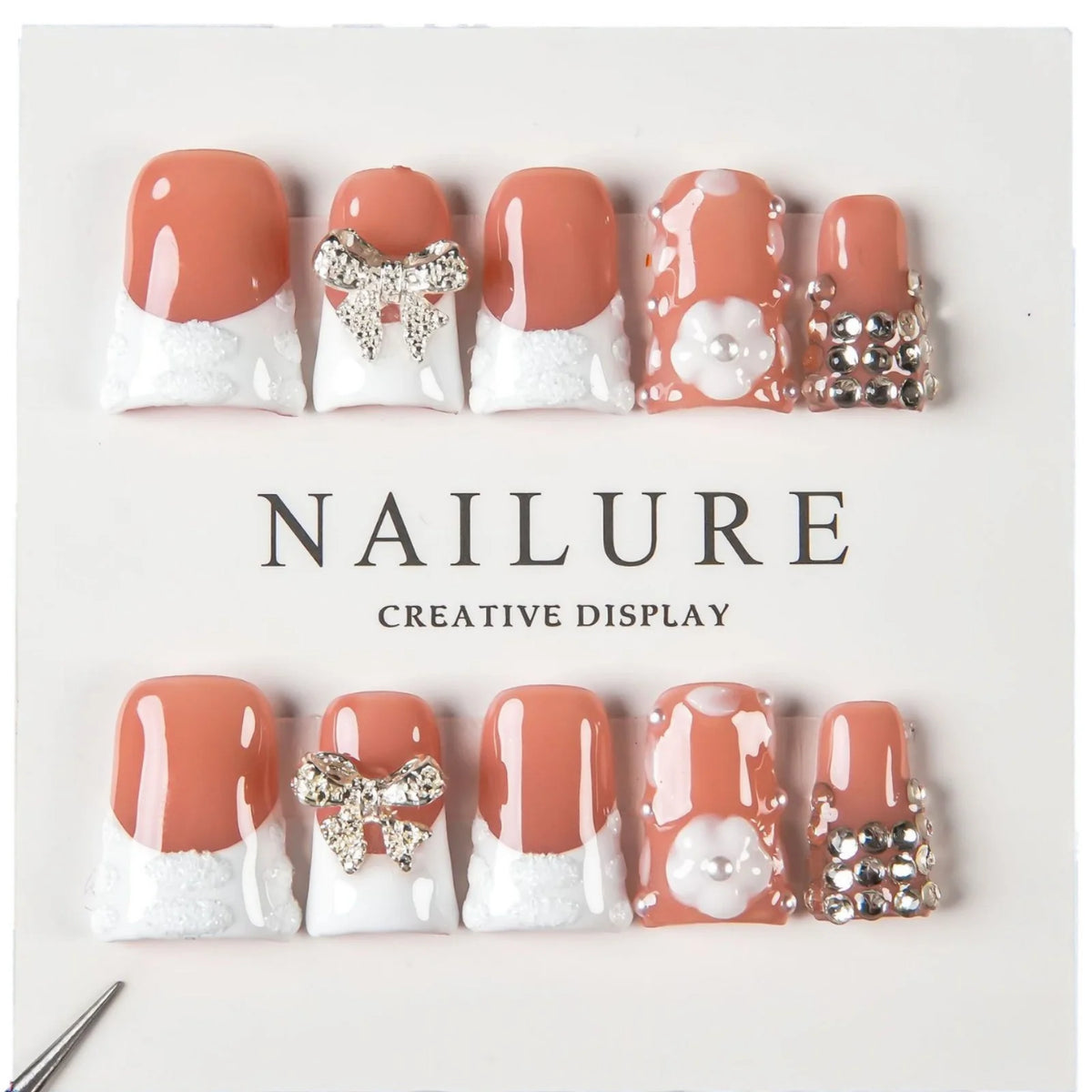 Press-On Nail Tips Peel And Stick Gemstone & Bow