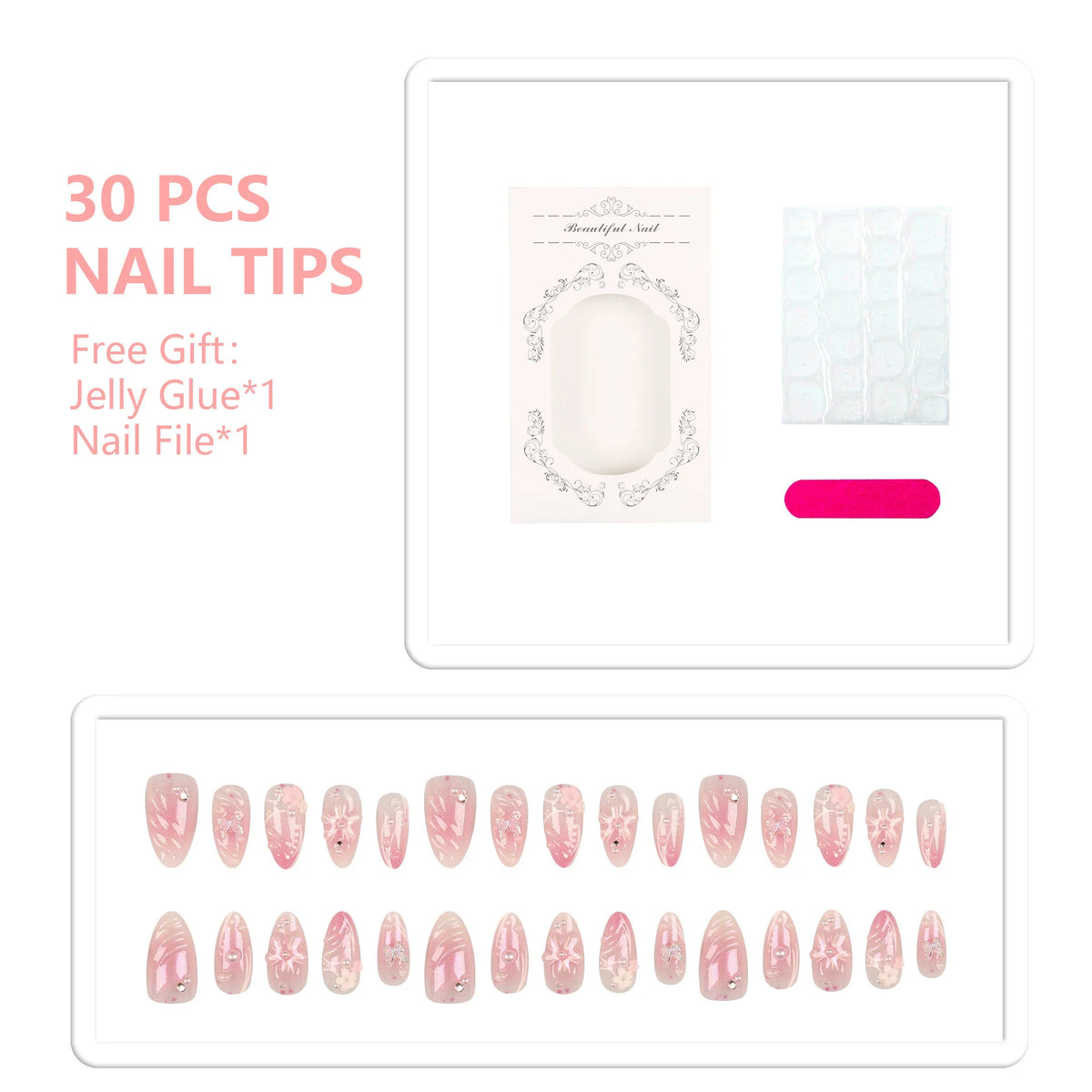 Press-On Nail Tips Peel-And-Stick Set of 30
