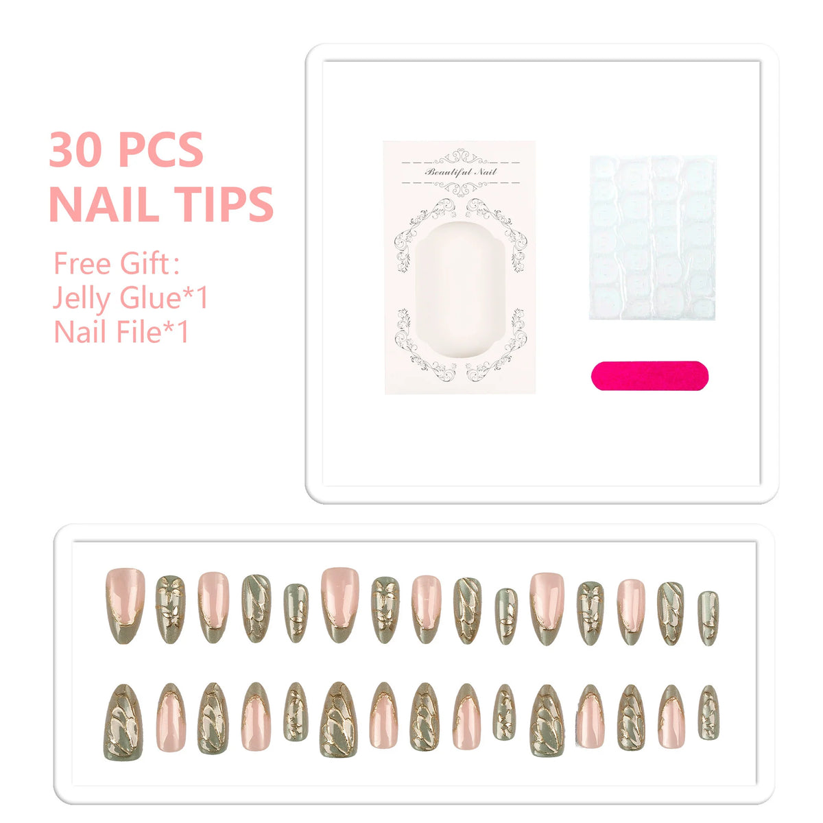 Press-On Nail Tips Set 30-Piece Jelly Glue & File