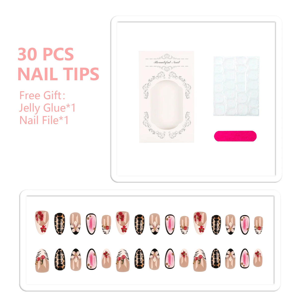 Press-On Nail Tips Set 30 Pieces Glue & File
