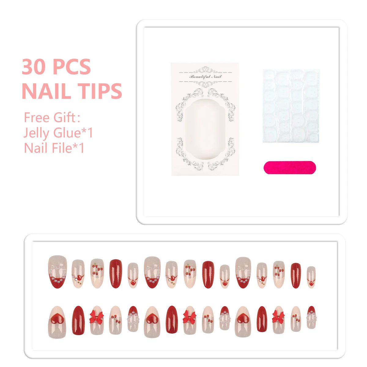 Press-On Nail Tips Set 30 Pieces Glue & File
