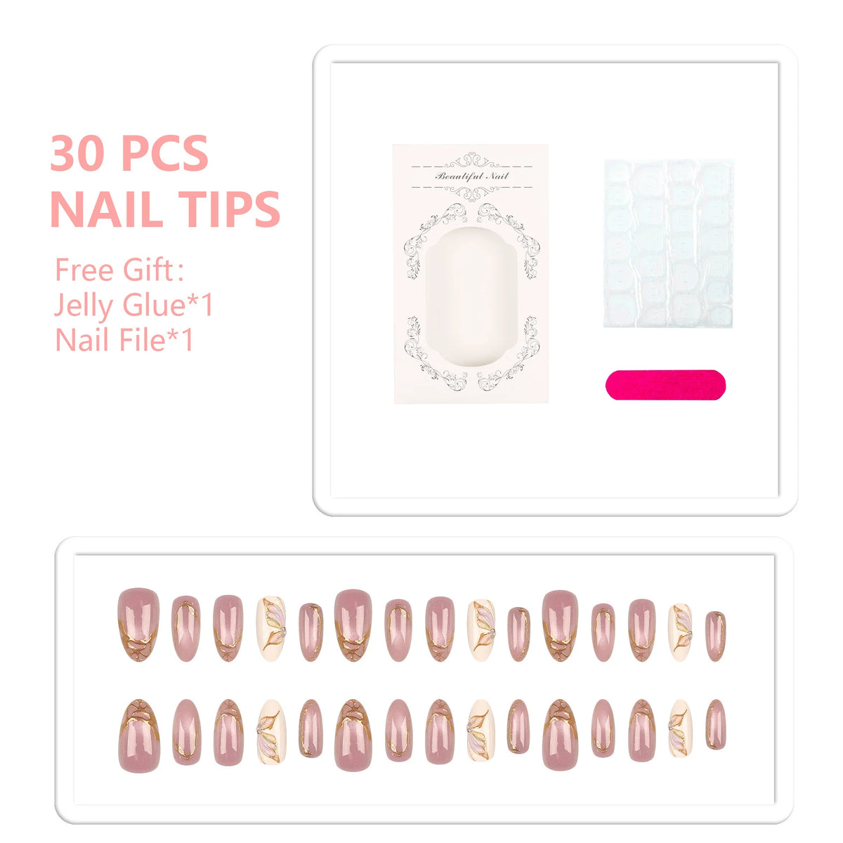 Press-On Nail Tips Set Floral Design Adhesive Included