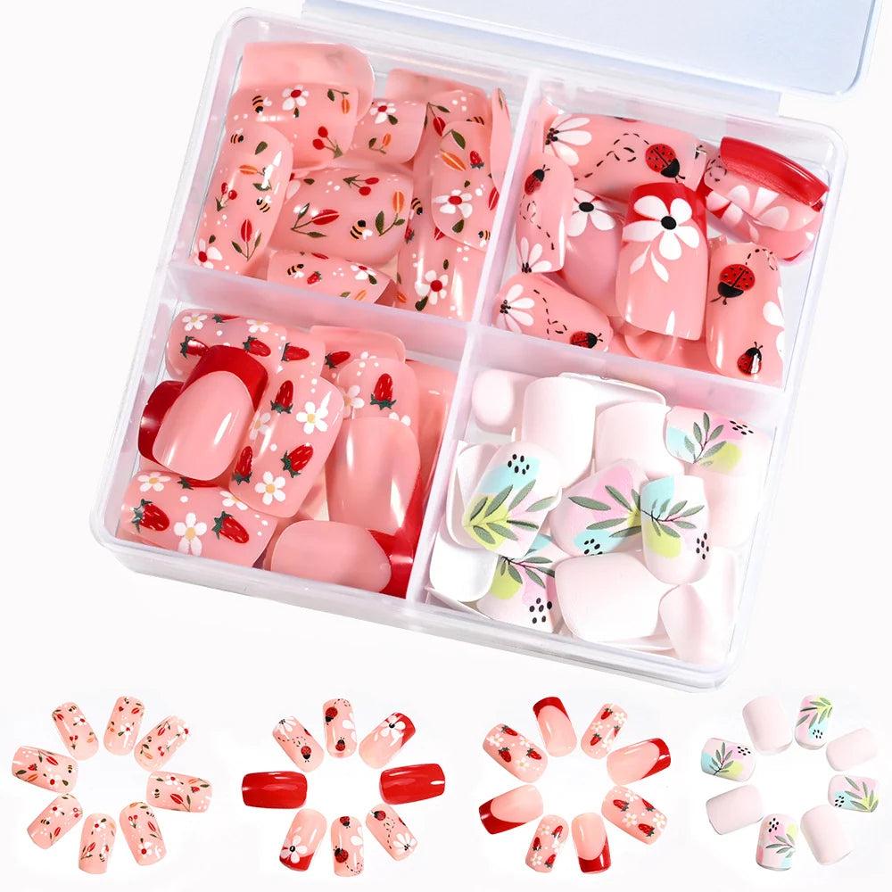 Press-On Nail Tips Set Floral Designs Easy-Apply Chip-Resistant