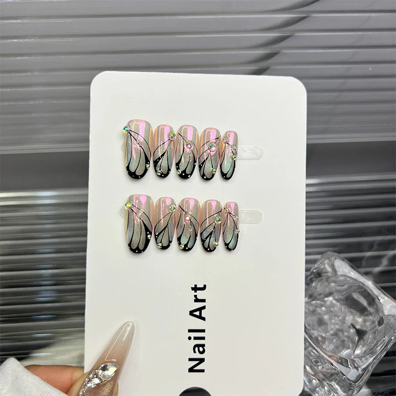 Press-On Nail Tips Short Square Rhinestone Embellished Reusable