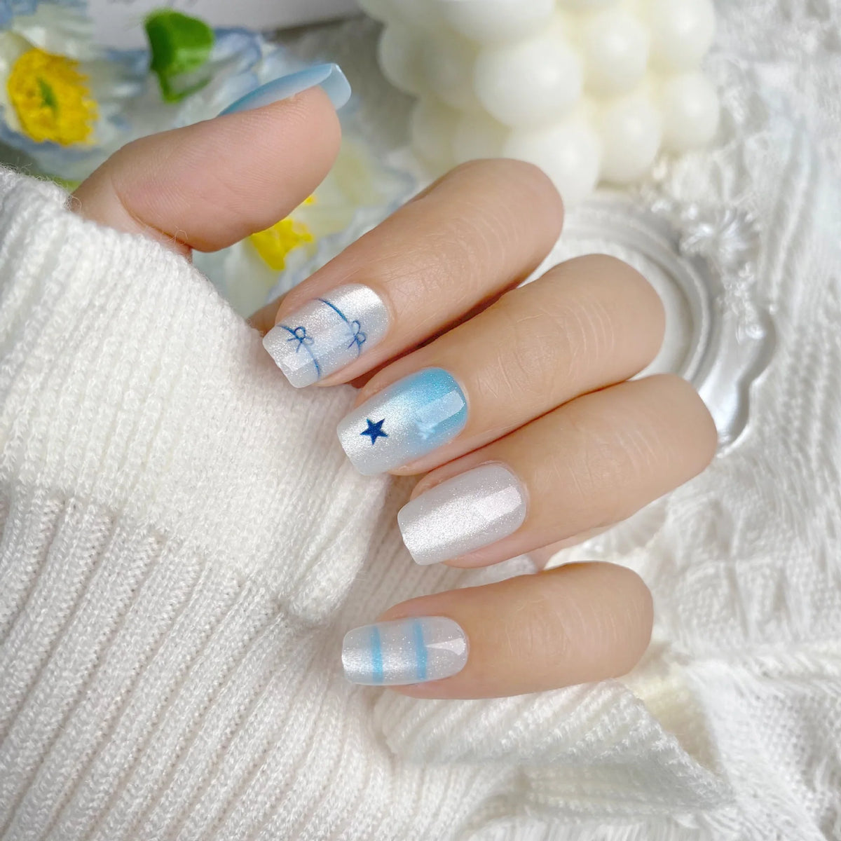 Press-On Nail Tips Star-Embellished Blue & Gray Multiple Sizes