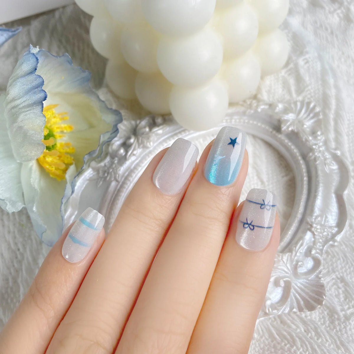 Press-On Nail Tips Star-Embellished Blue & Gray Multiple Sizes