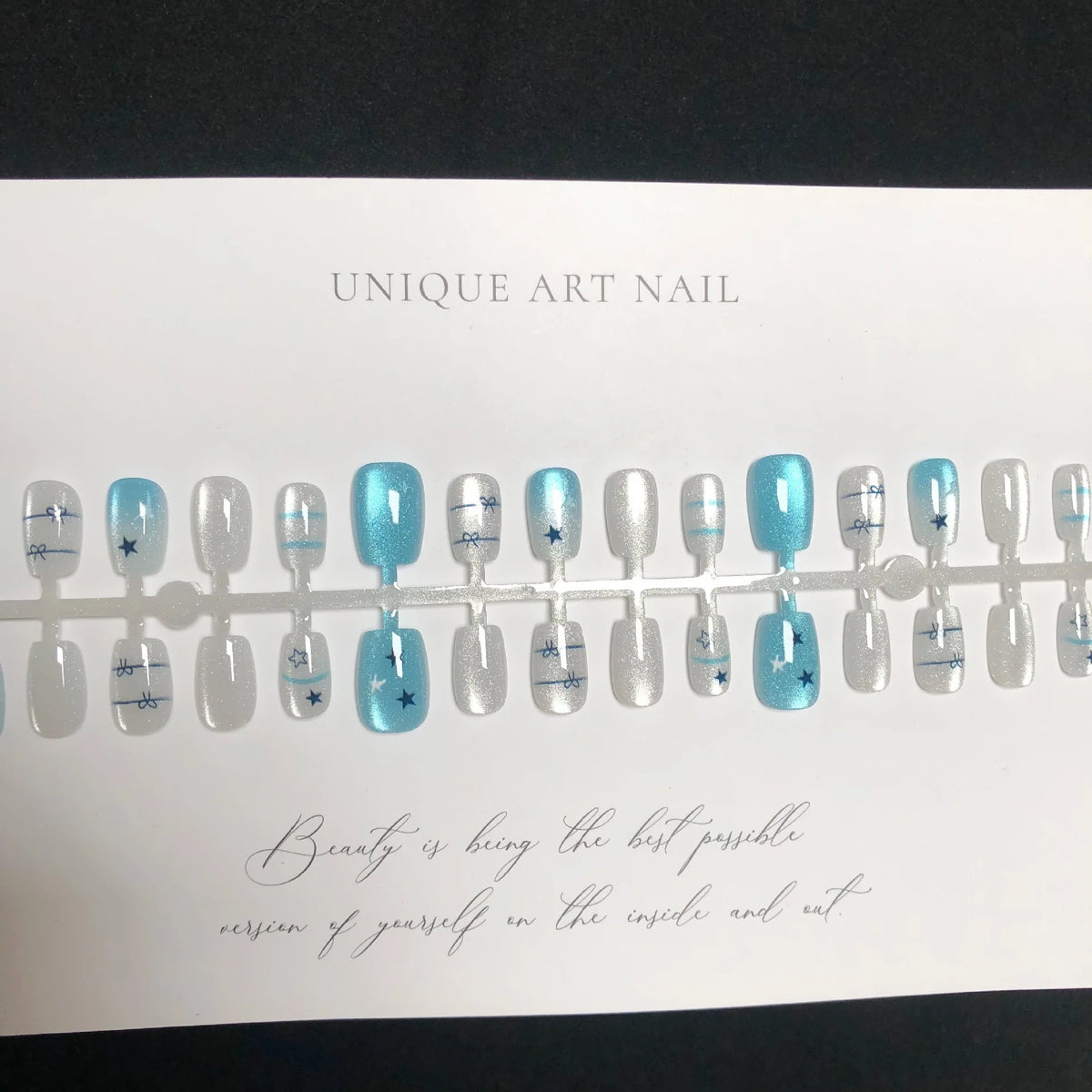 Press-On Nail Tips Star-Embellished Blue & Gray Multiple Sizes