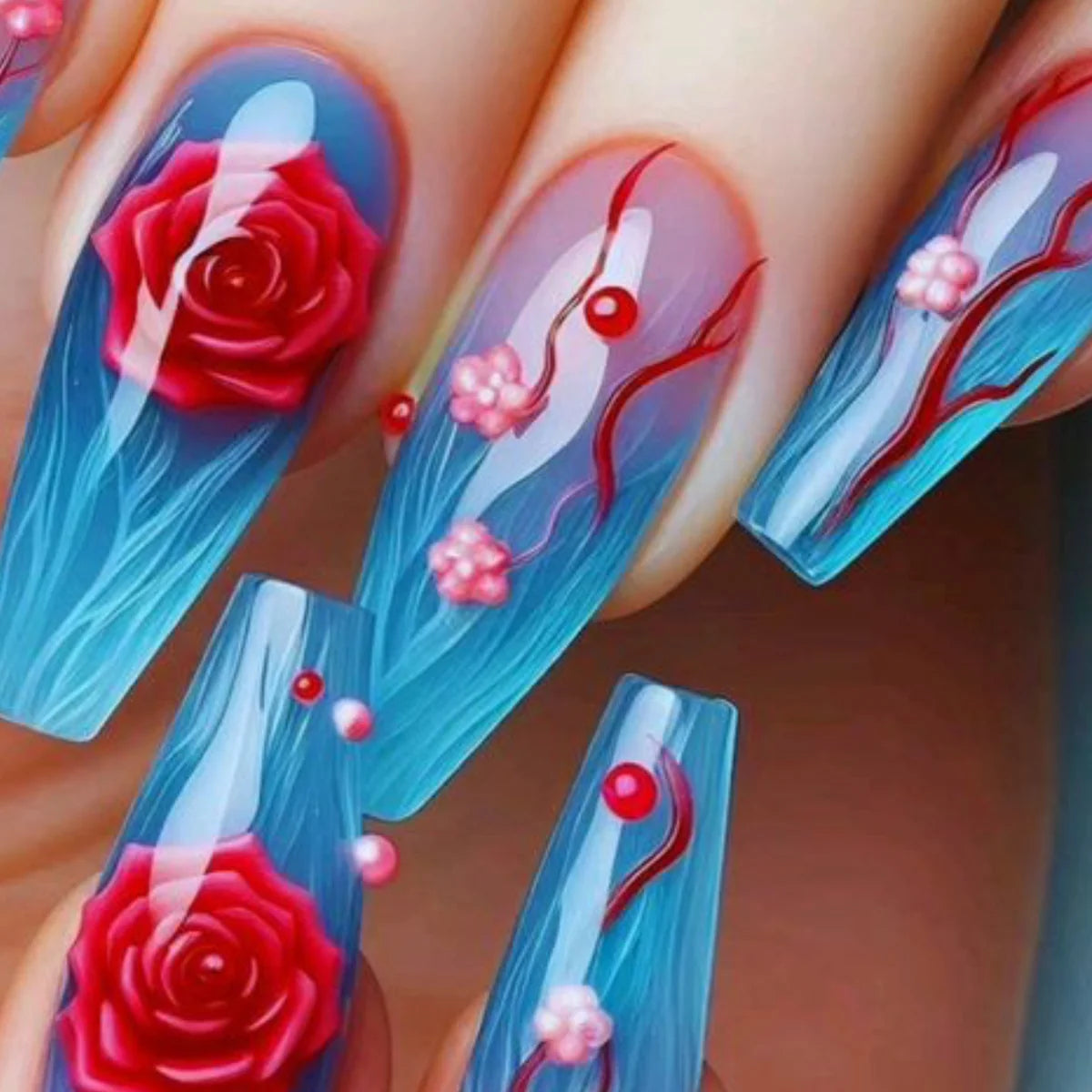 Press-On Nails 3D Floral Acrylic Multiple Sizes