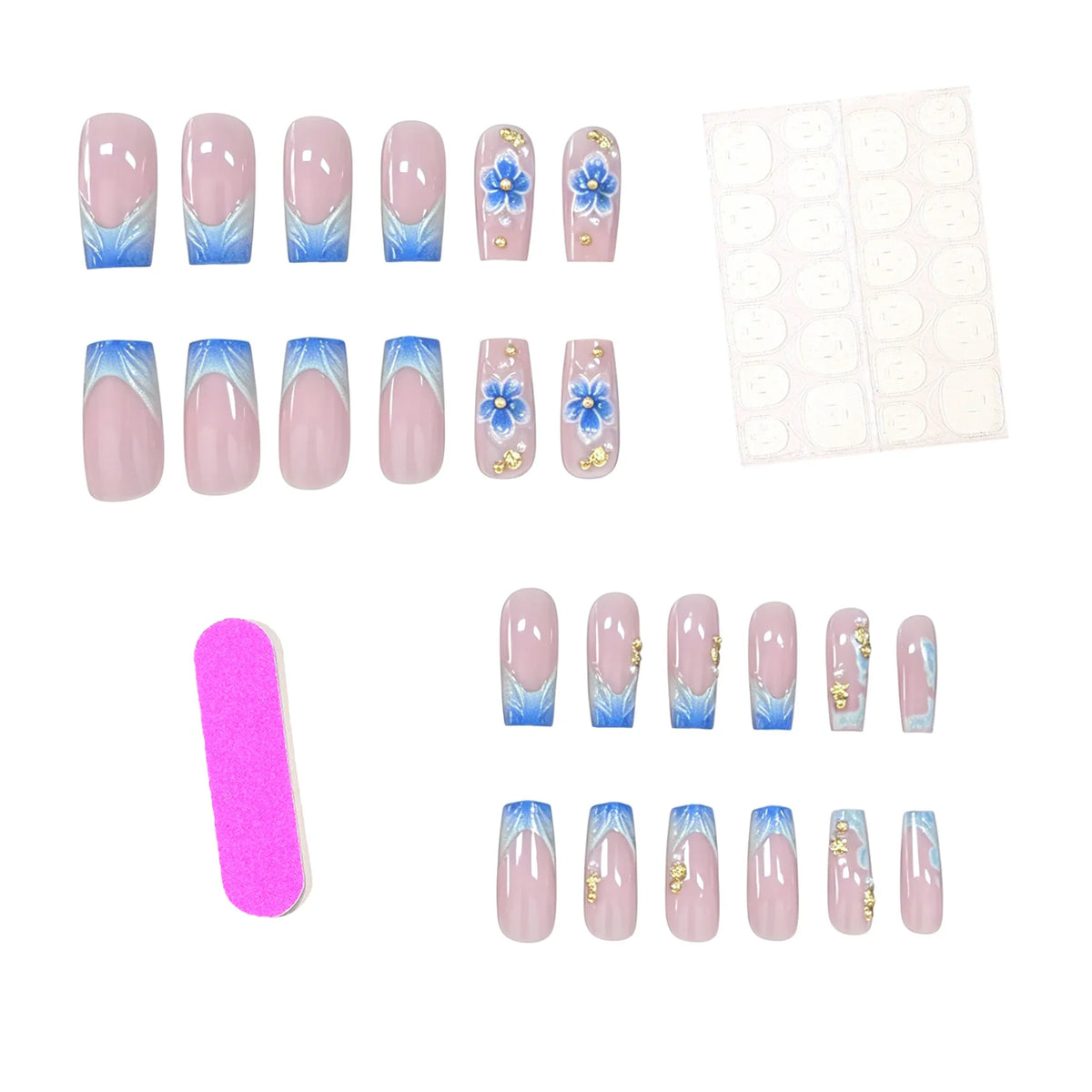 Press-On Nails 3D Floral Acrylic Set of 24