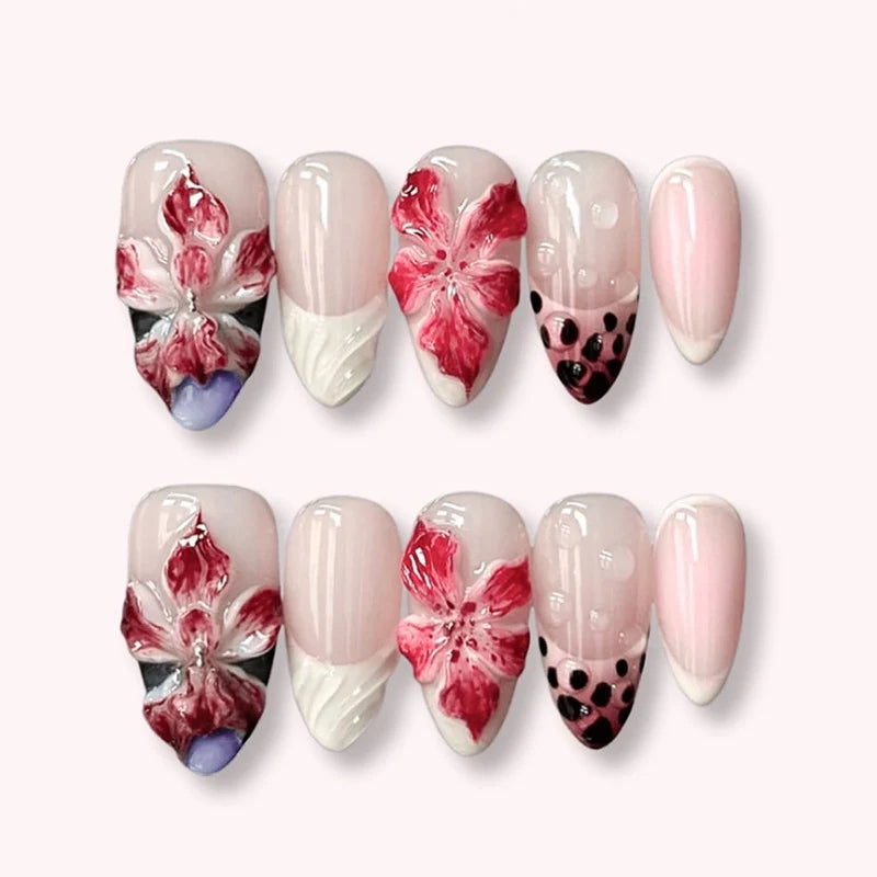 Press-On Nails 3D Floral Easy Application Multiple Sizes