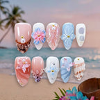 Press-On Nails 3D Floral & Seashell Accents Reusable Non-Toxic