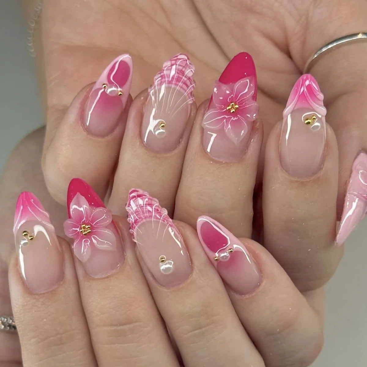 Press-On Nails 3D Floral & Sparkle Reusable
