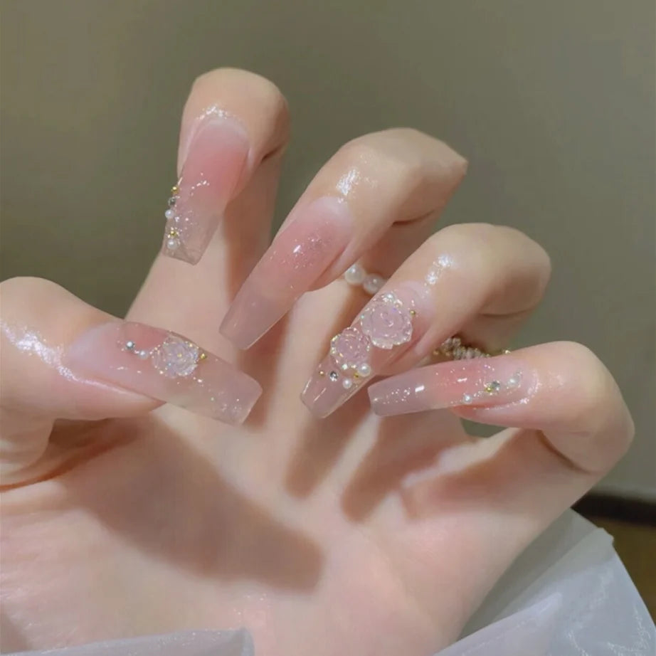 Press-On Nails Acrylic Floral Glue-On & Reusable