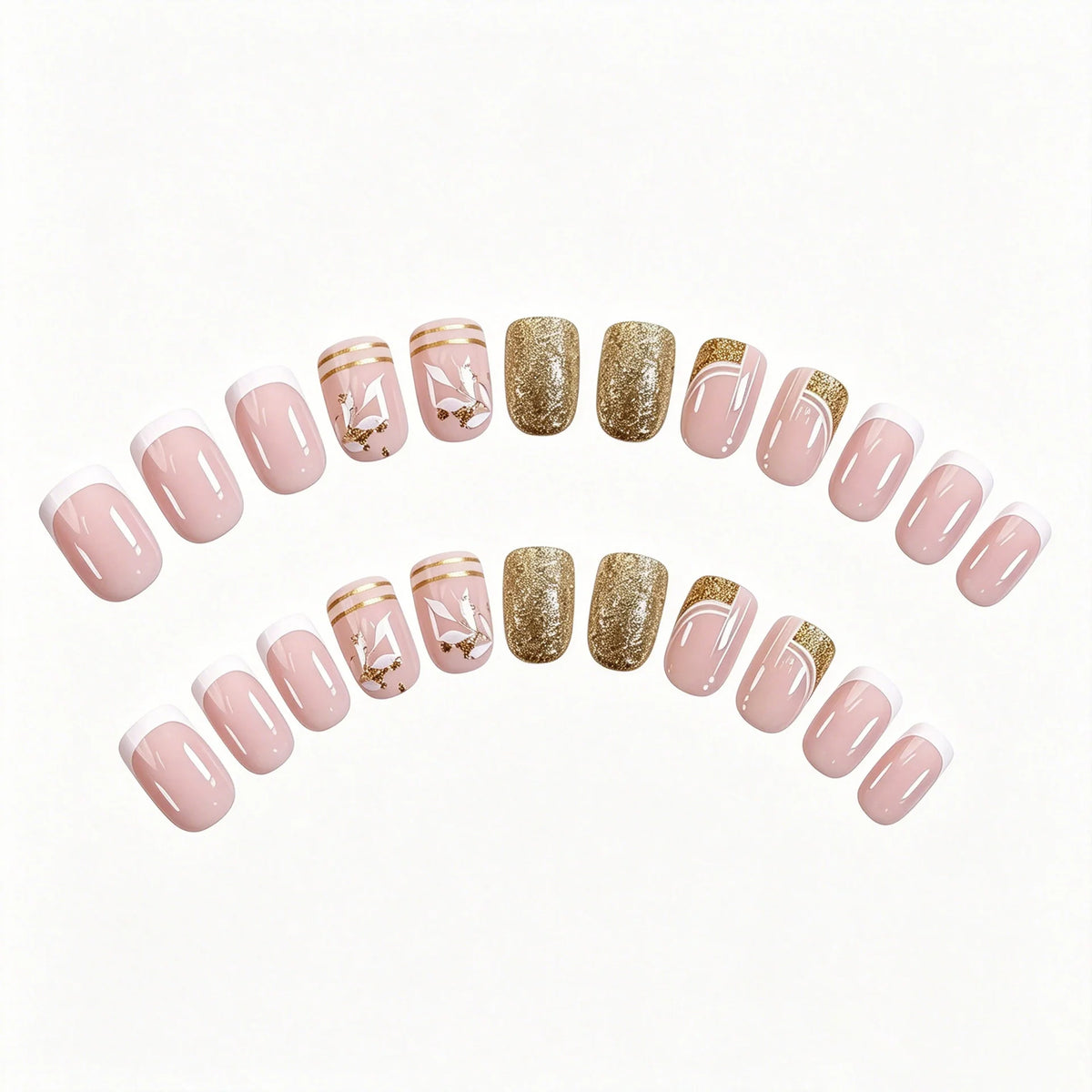 Press-On Nails Acrylic Leaf Design Gold Accents
