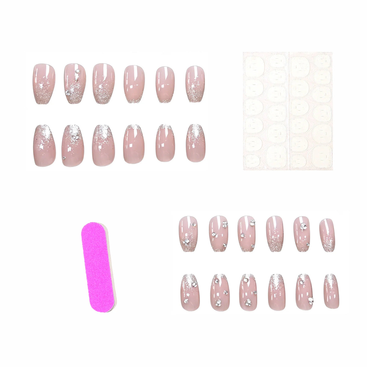 Press-On Nails Acrylic Marble Design Rhinestone Set of 24