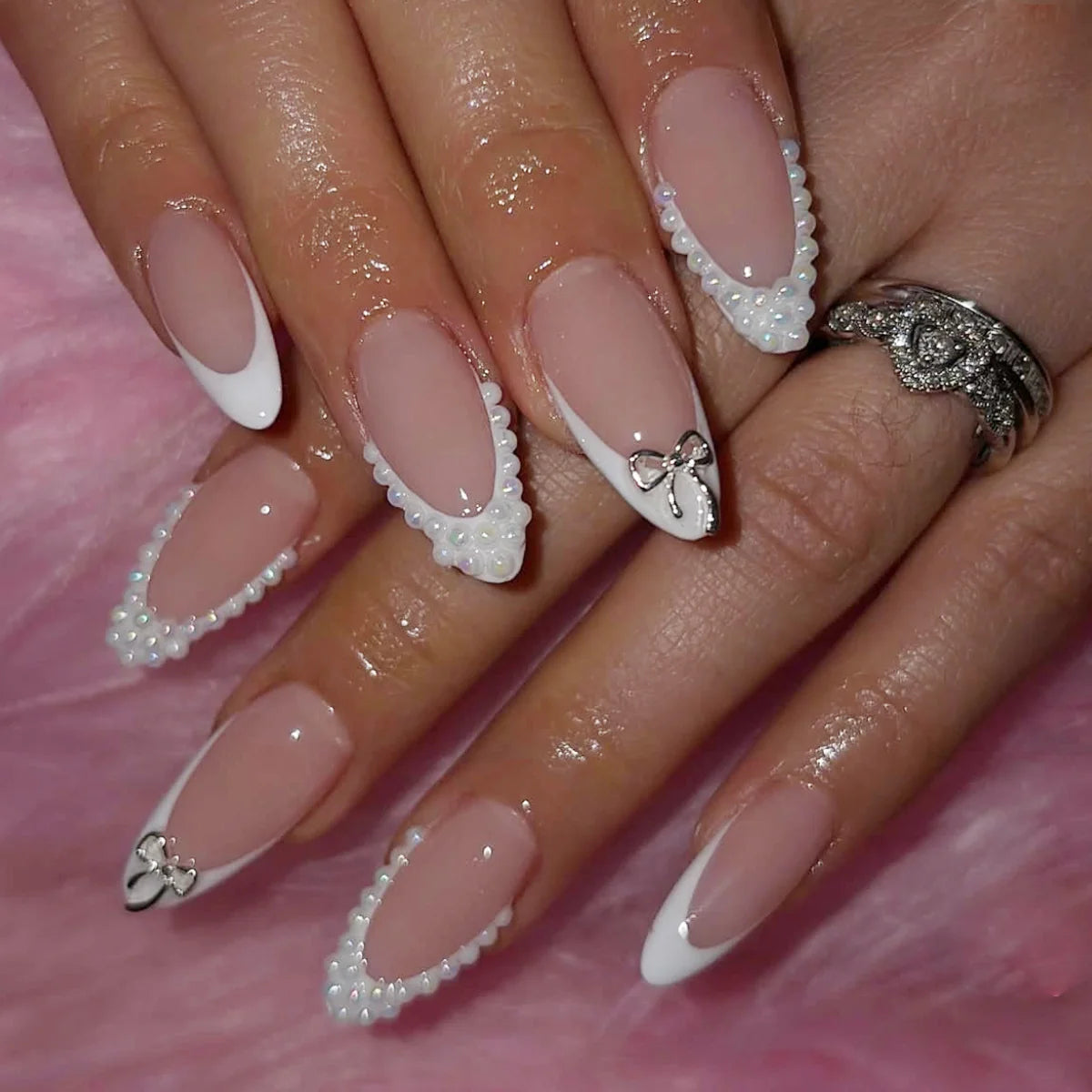 Press-On Nails Acrylic Stiletto Pearl Accents & Glossy Finish