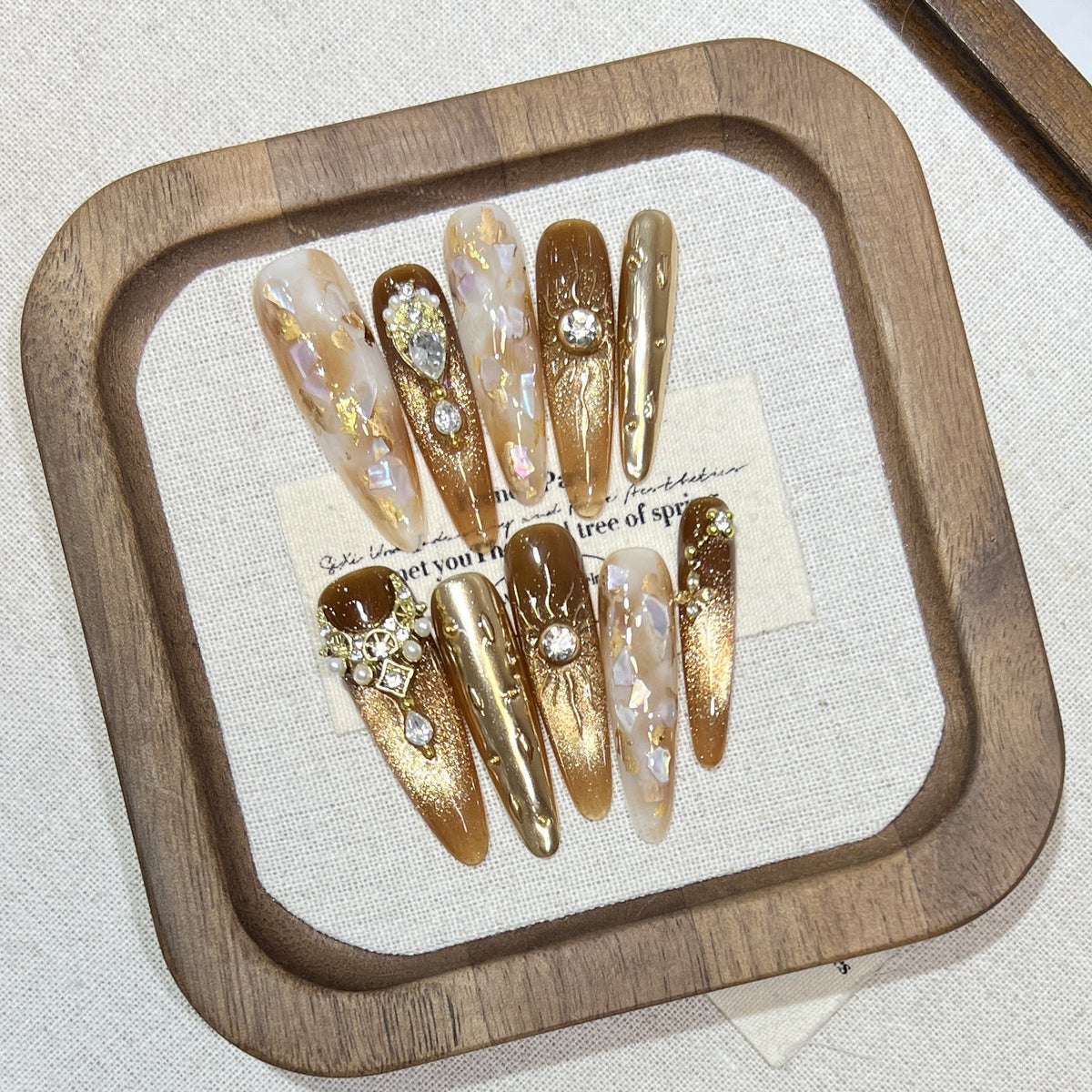 Press-On Nails Almond Gems & Gold Adhesive Backing