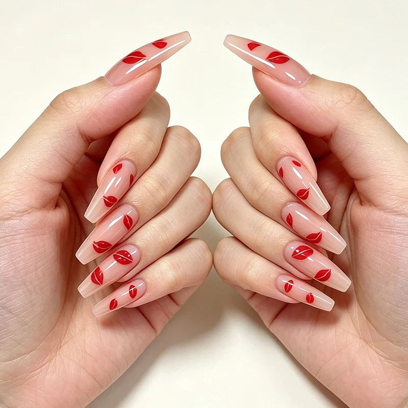 Press-On Nails Almond Glossy Red Lip Set of 24