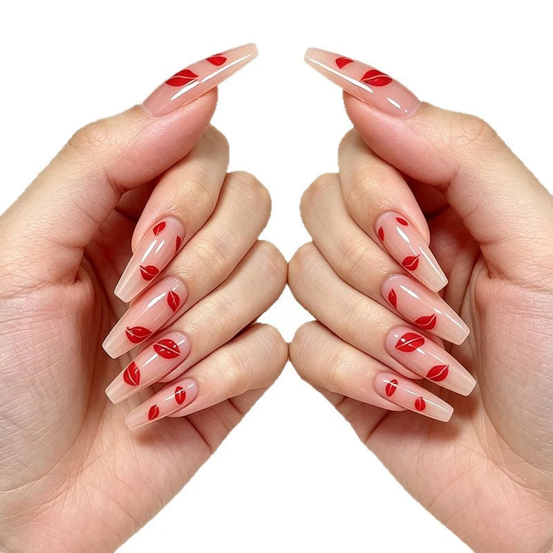 Press-On Nails Almond Glossy Red Lip Set of 24