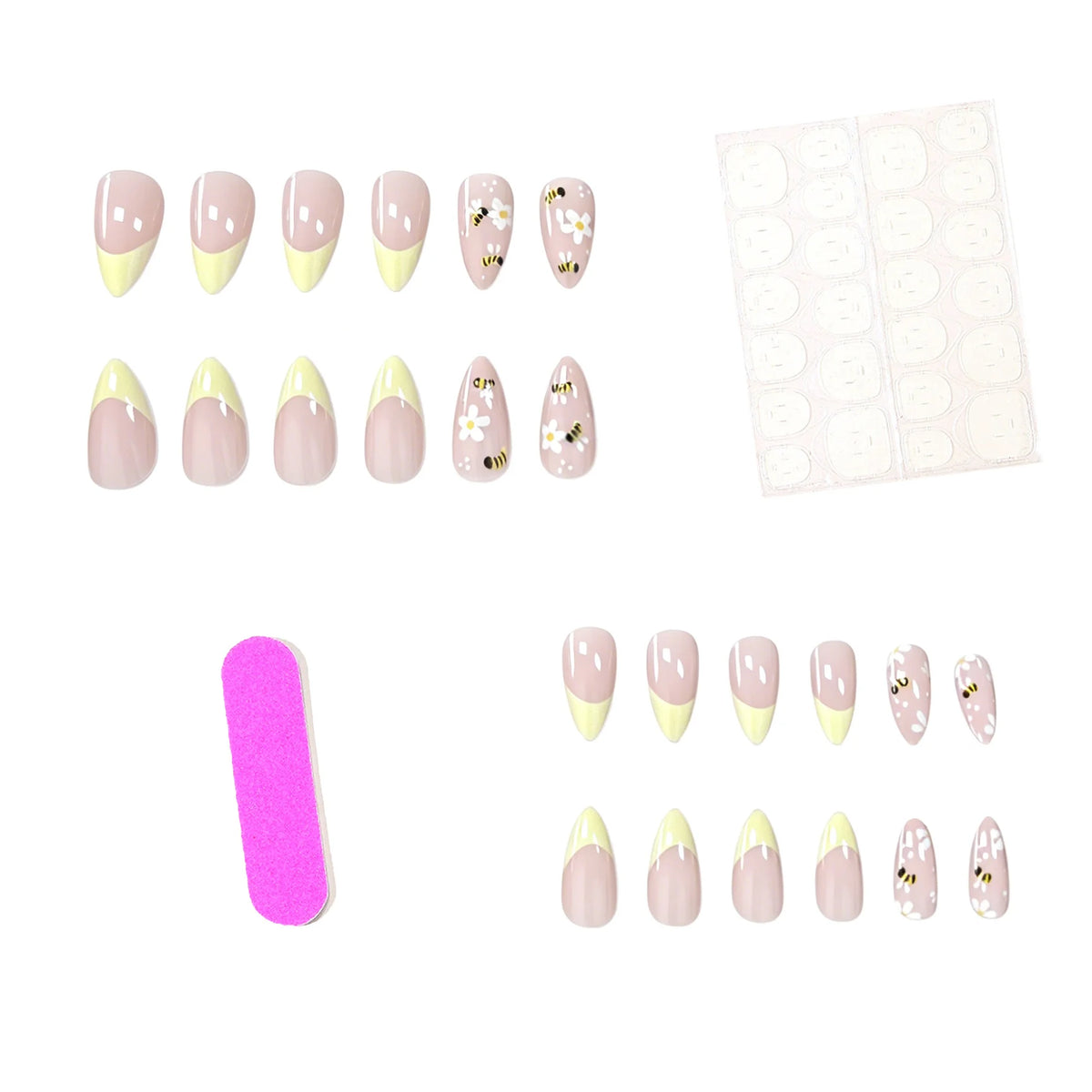 Press-On Nails Almond Shape Floral Bee Set of 24