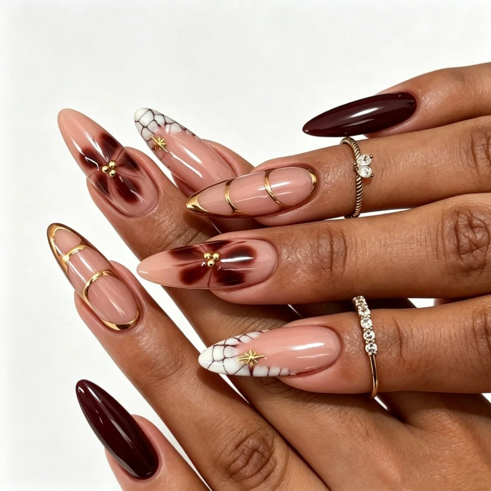 Press-On Nails Almond-Shaped Gel Finish & Floral Accents