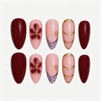 Press-On Nails Almond-Shaped Gel Finish & Floral Accents