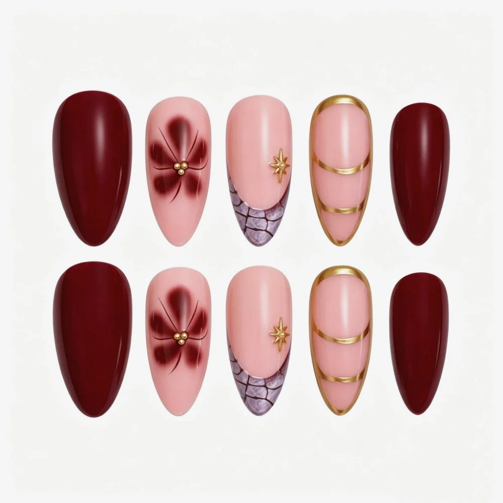 Press-On Nails Almond-Shaped Gel Finish & Floral Accents
