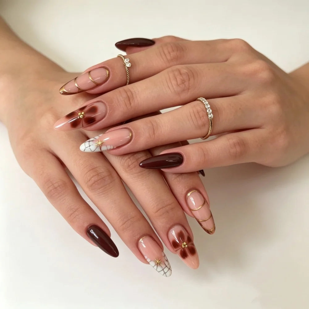 Press-On Nails Almond-Shaped Gel Finish & Floral Accents