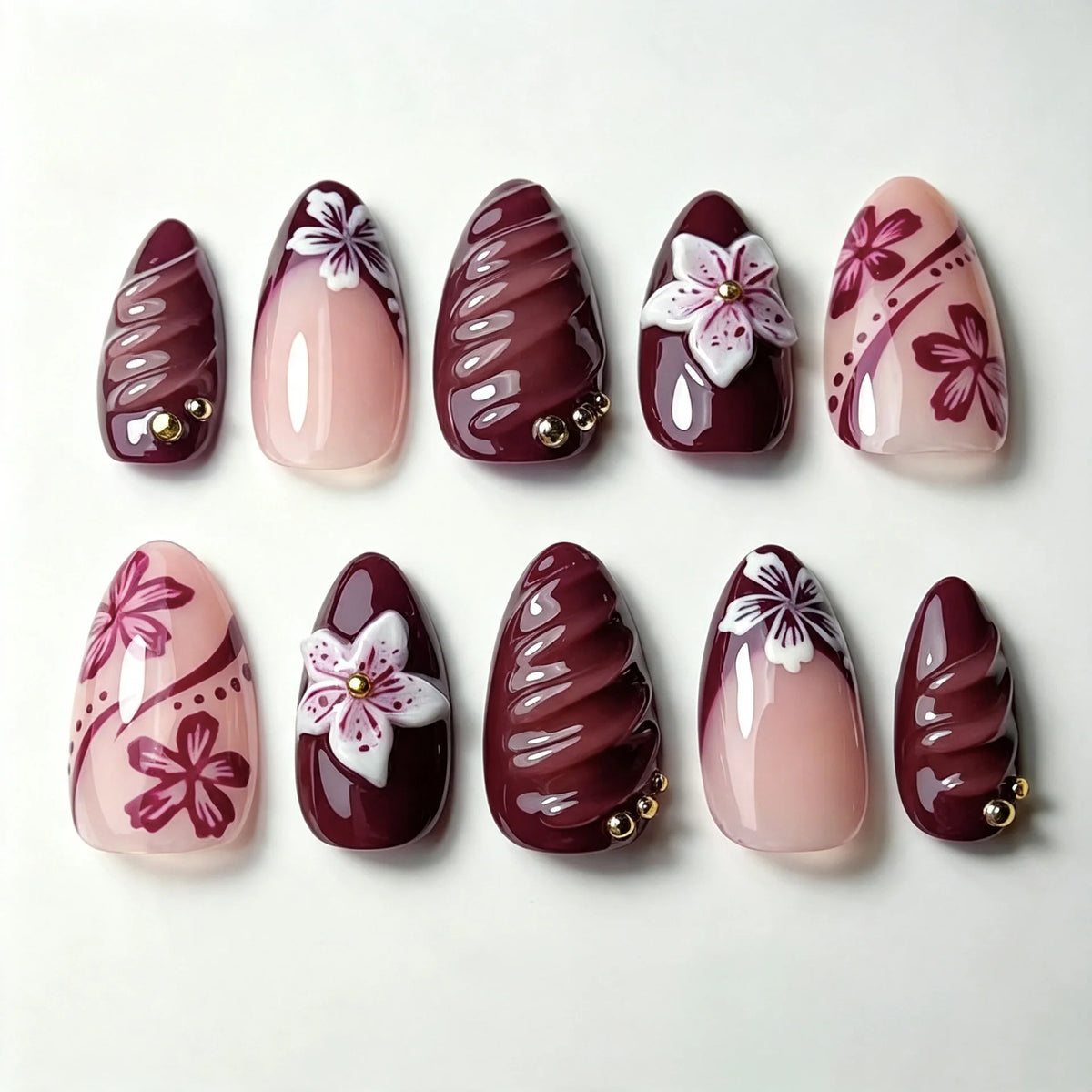 Press-On Nails Artisan Floral Reusable Includes Application Kit