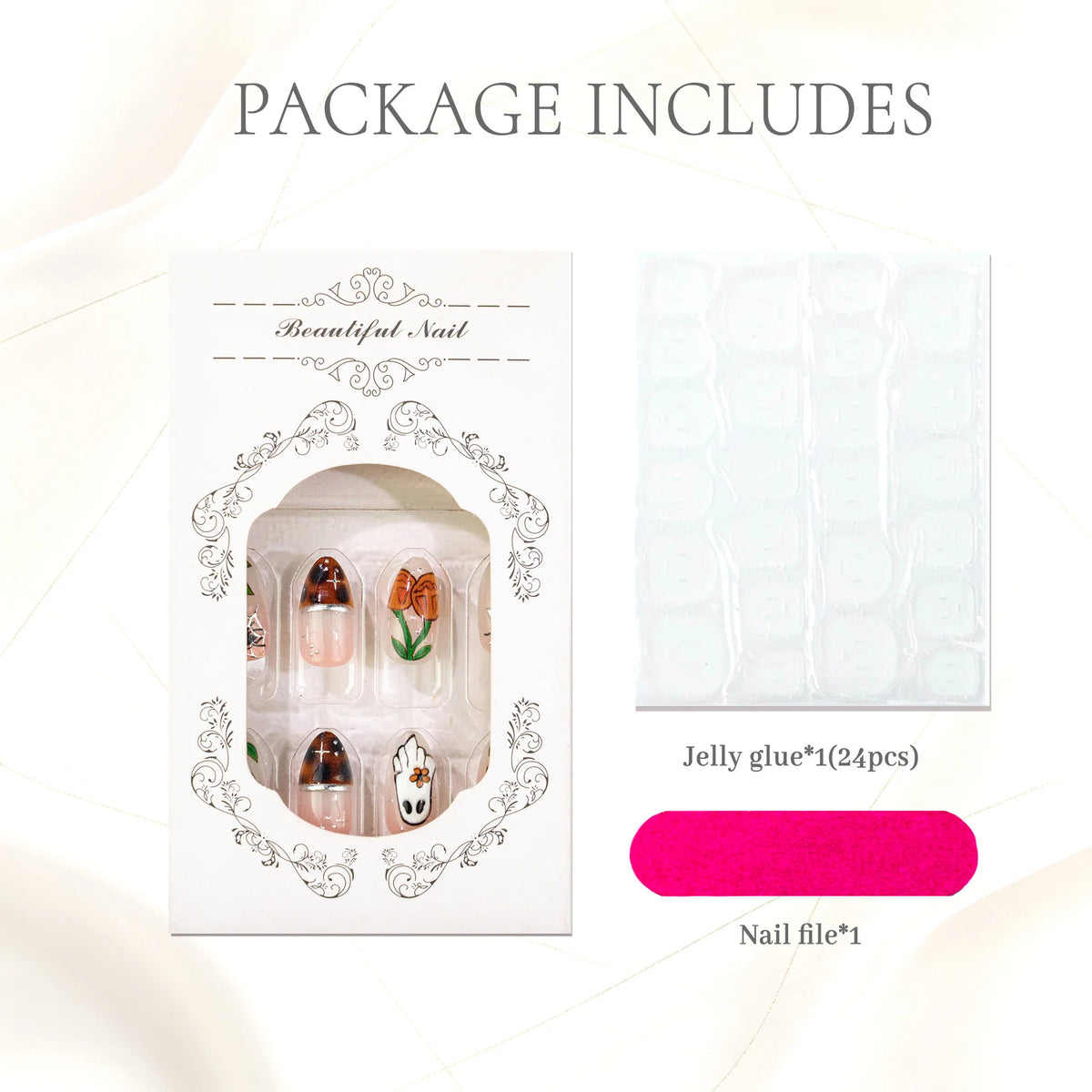 Press-On Nails Artistic Floral 24-Piece With Glue & File
