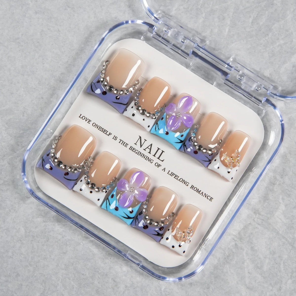 Press-On Nails Artistic Floral French Reusable