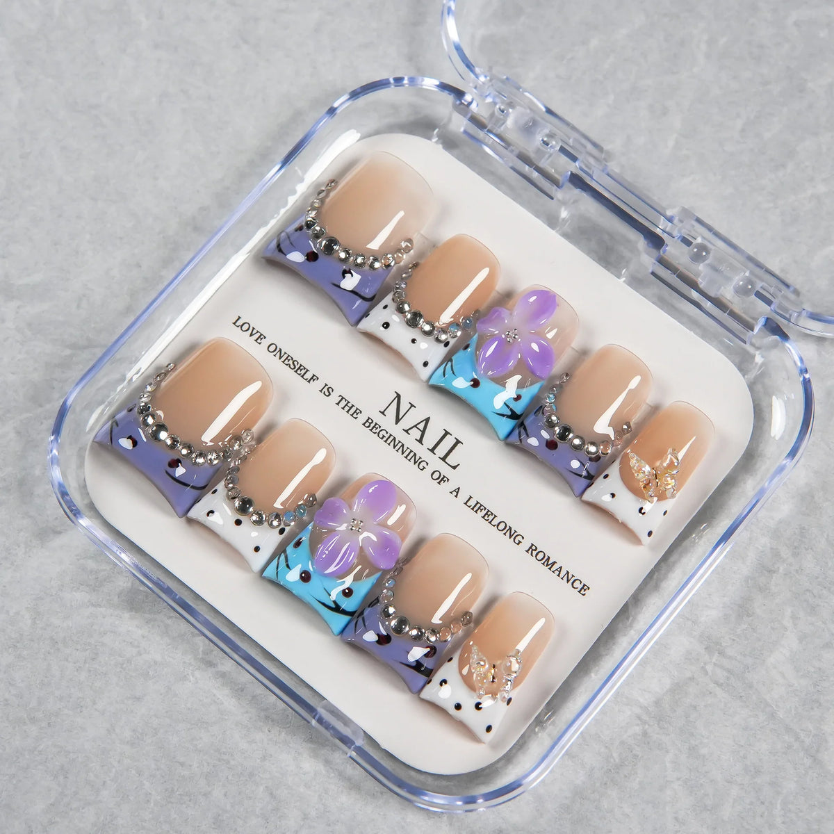 Press-On Nails Artistic Floral French Reusable