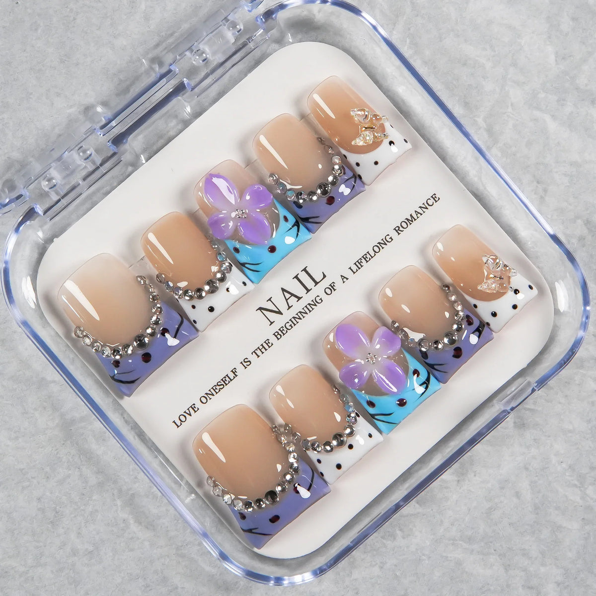 Press-On Nails Artistic Floral French Reusable