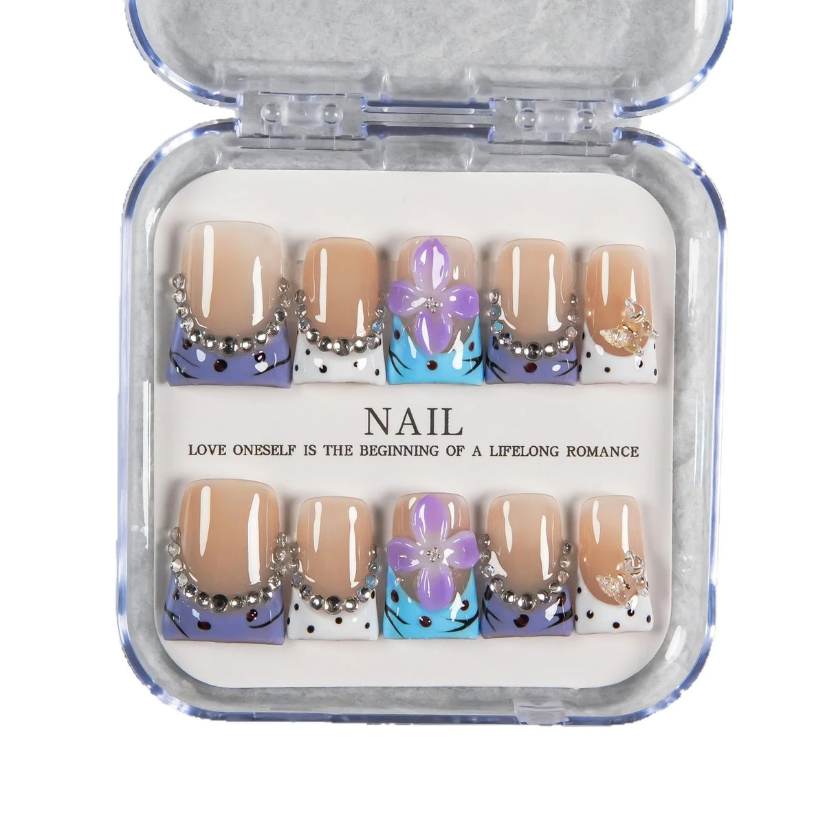 Press-On Nails Artistic Floral French Reusable