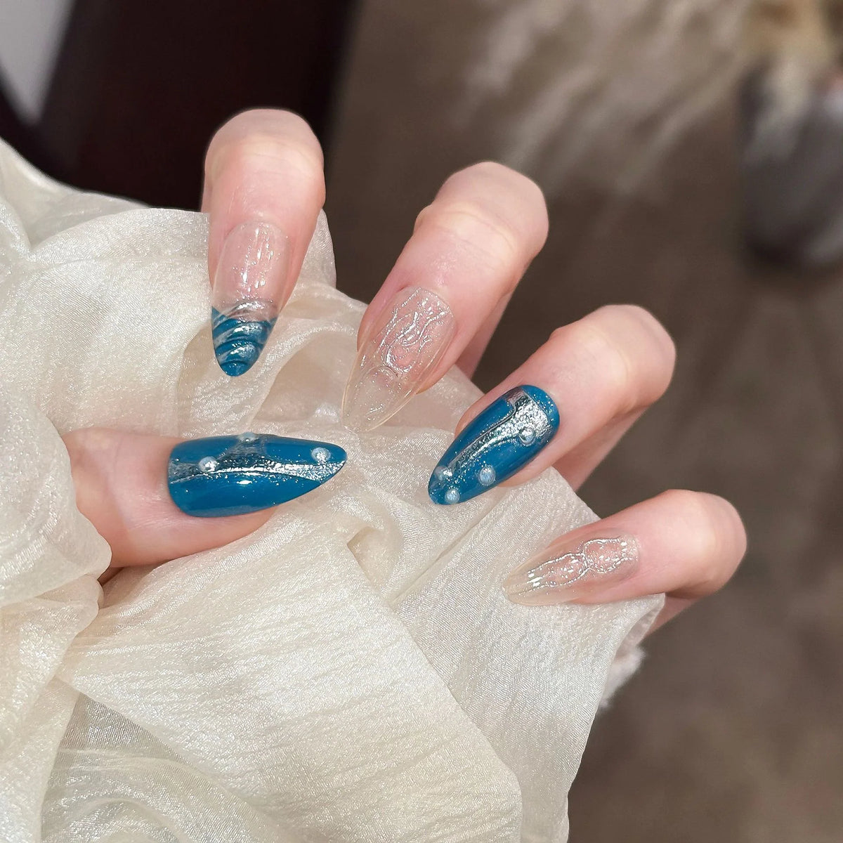 Press-On Nails Artistic Metallic Peacock Blue