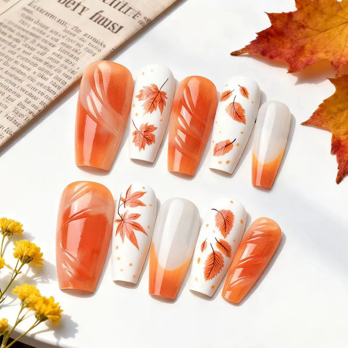Press-On Nails Autumn Leaf Design Long-Lasting
