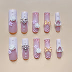 Press-On Nails Beige Pearl & Bow Floral Comfortable Fit