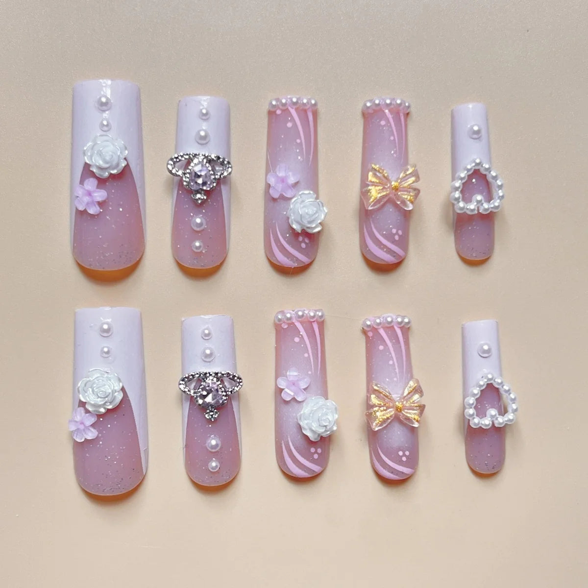 Press-On Nails Beige Pearl & Bow Floral Comfortable Fit