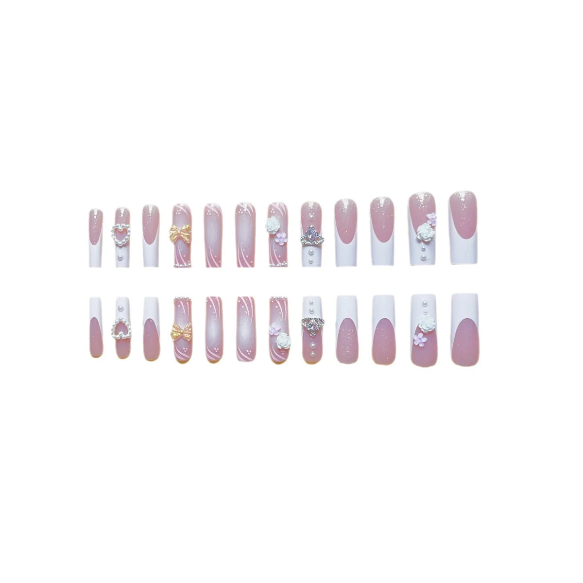 Press-On Nails Beige Pearl & Bow Floral Comfortable Fit