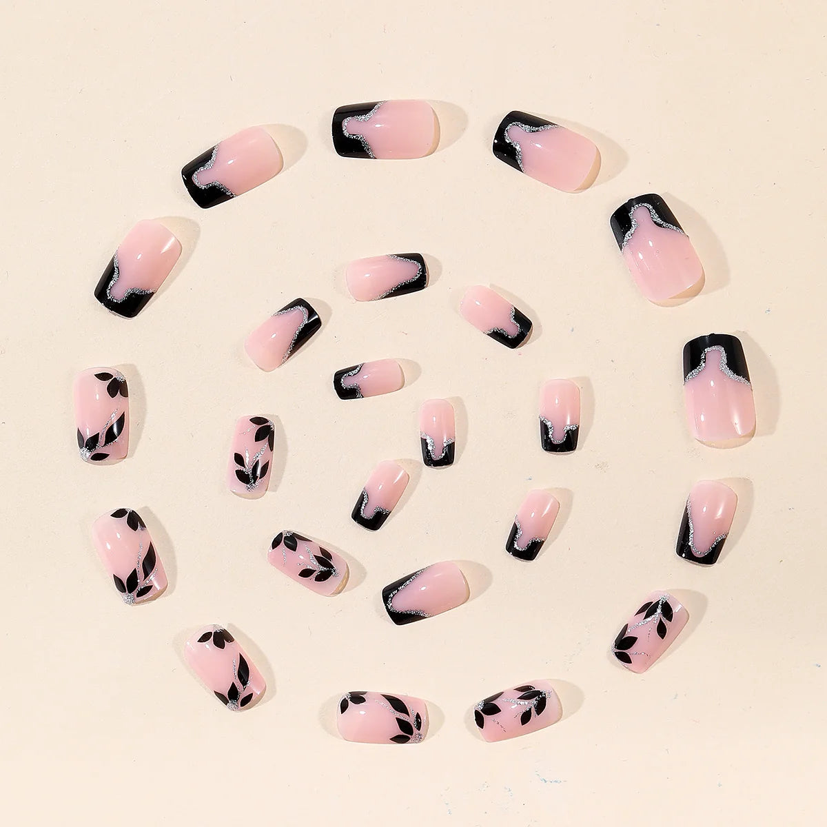 Press-On Nails Black Floral Gold Accents Self-Adhesive