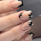 Press-On Nails Black Floral Gold Accents Self-Adhesive
