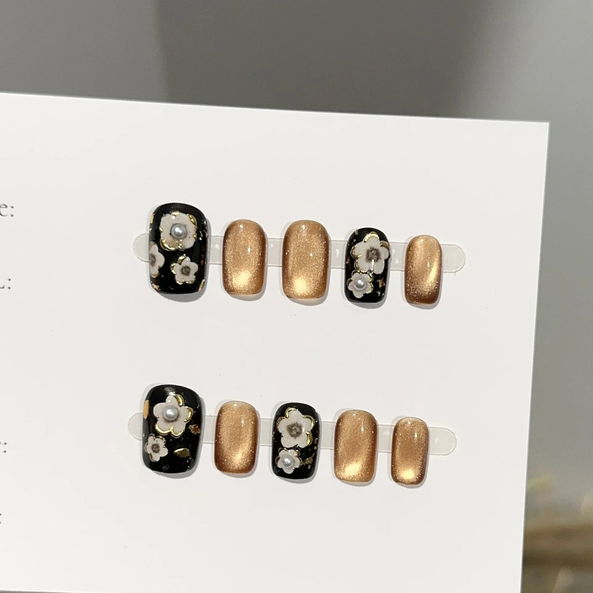 Press-On Nails Black Gold Floral Easy Application & Long-Lasting