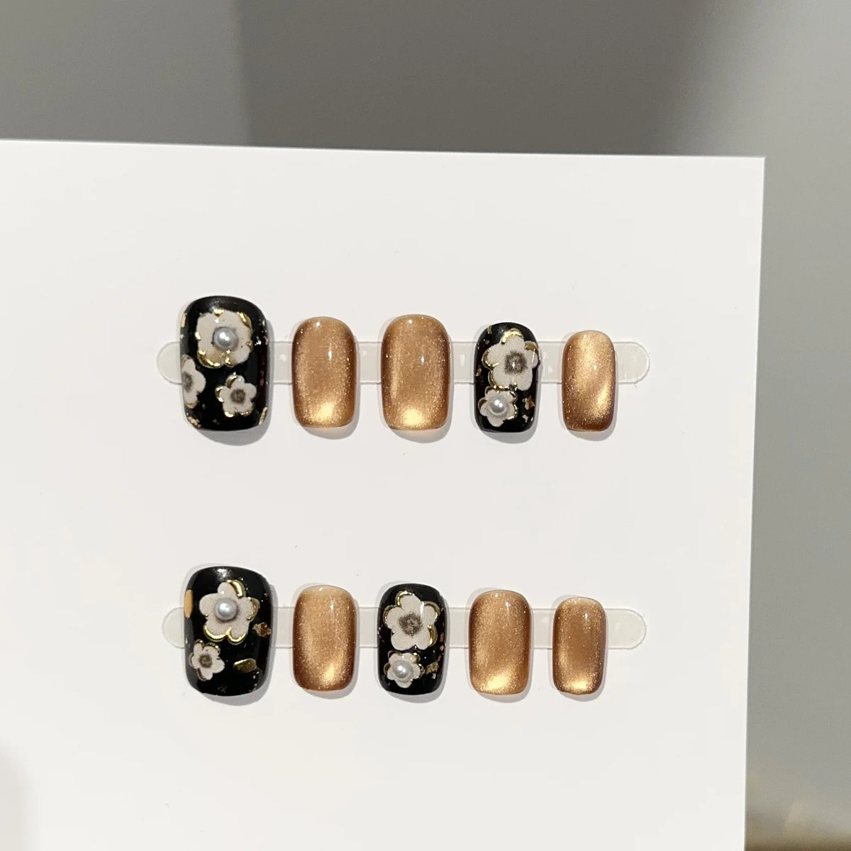 Press-On Nails Black Gold Floral Easy Application & Long-Lasting