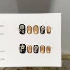 Press-On Nails Black Gold Floral Easy Application & Long-Lasting