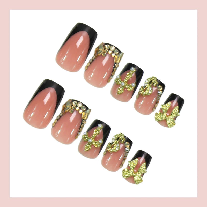 Press-On Nails Black & Gold Self-Adhesive Set Of 35